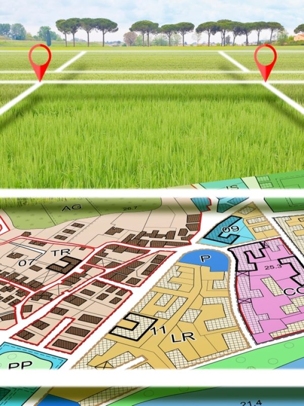 Správa pozemků - koncepce nemovitostí s volným pozemkem pro výstavbu a rozdělení bytů a imaginární Generální plán města s regulacemi zón a využití pozemků.