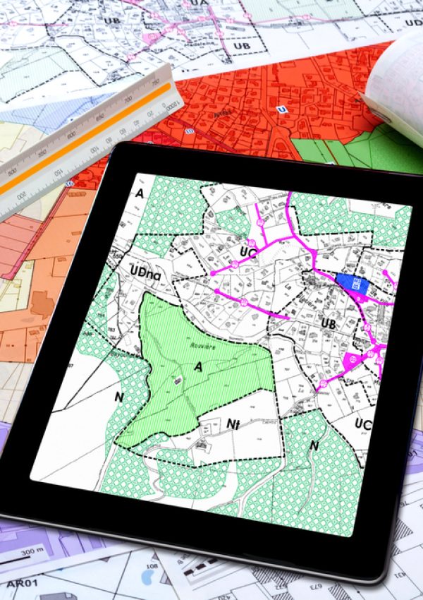 Územní plánování a využití půdy - digitální tablet zobrazující územní plán umístěný na francouzských mapách místního územního plánování.